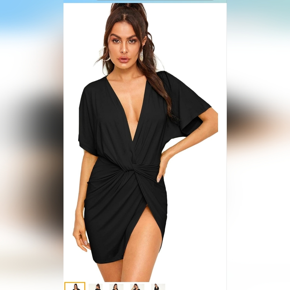 Floerns XL Women's Deep V Neck Twisted Plunging High Slit Mini Party Dress/Tunic